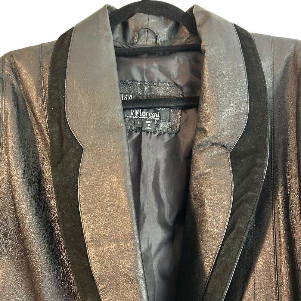 Vintage 90's Marco Morani Black Leather Long Trench Coat Women’s L Suede Trim